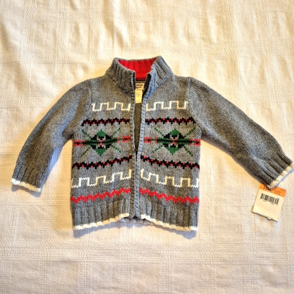 oshkosh B'Gosh boys 12 months full zip gray, red, green black white sweater NWT